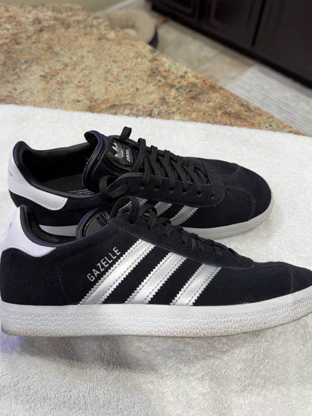 adidas Black, White, & Silver Gazelle Suede Women’s Sneakers